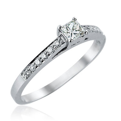 Steffans Princess Cut Diamond Platinum Solitaire Engagement Ring with Grain Set Diamond Shoulders (0.38ct)