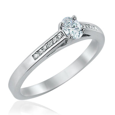 Steffans Oval Shaped Diamond Platinum Solitaire Engagement Ring with Channel Set French Cut Diamond Shoulders (0.33ct)
