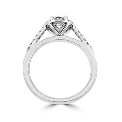Steffans RBC Diamond Micro Set Frame Platinum Cluster Engagement Ring with Micro Set Diamond Shoulders (RB: 0.50ct, G SI, GIA RBC: 0.25ct)