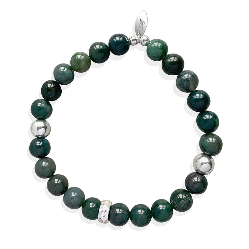 Steff Mens Silver & Green Moss Agate Bead Bracelet - Steffans Jewellers