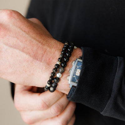 Steff Mens Silver & Obsidian Bead Bracelet - Steffans Jewellers