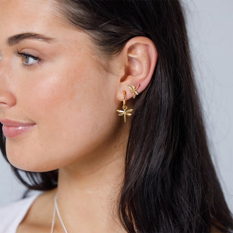 Steff Mix And Match Yellow Gold Vermeil Hoop Earrings With Dragonfly Charms - Steffans Jewellers