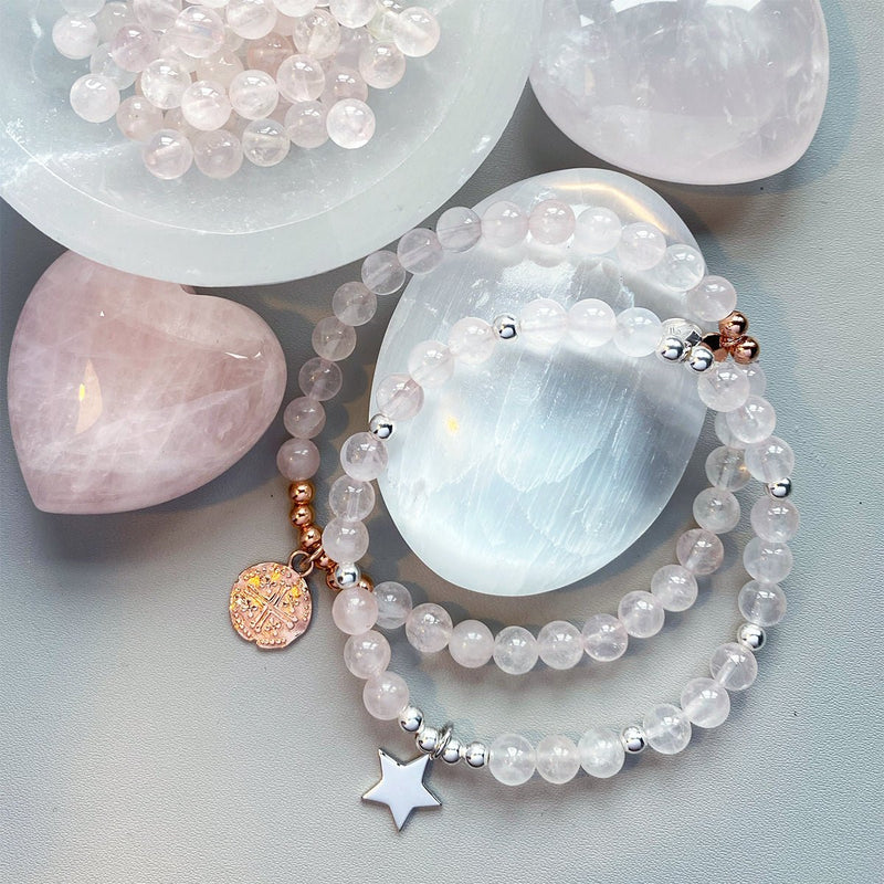 Steff Rose Quartz Bead Bracelets with Rose Gold Coin Charm - Steffans Jewellers