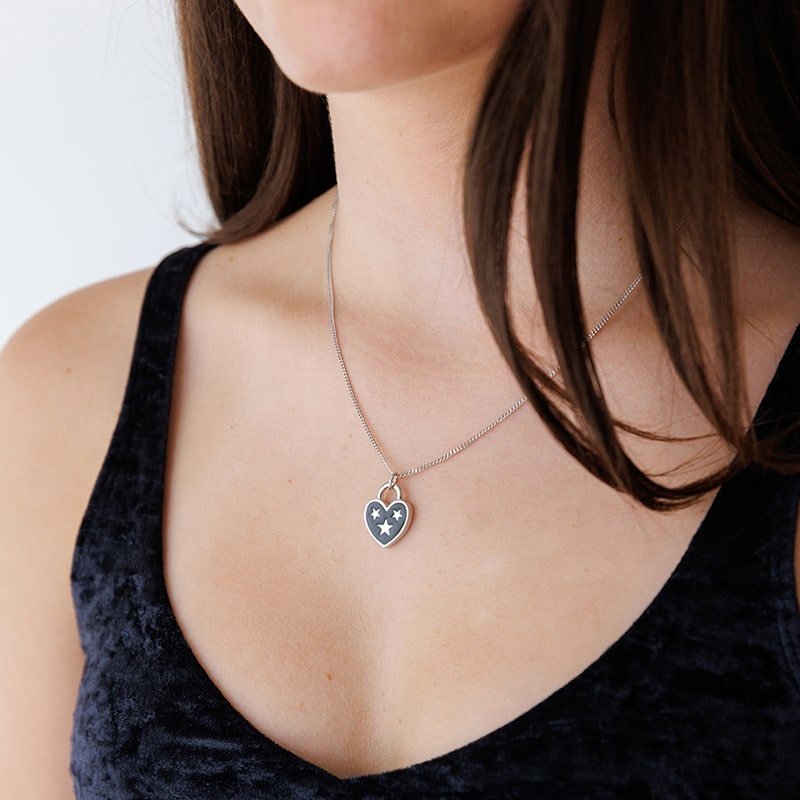 Steff Silver & Black Enamel Stars Love Lock Pendant Necklace - Steffans Jewellers