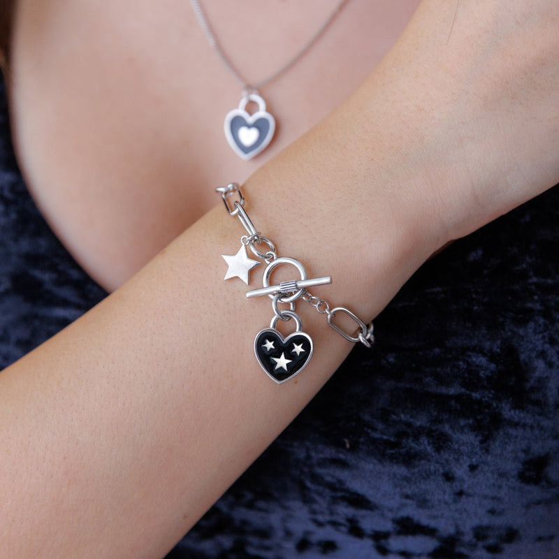 Steff Silver & Black Enamel Stars Lovelock Charm Bracelet - Steffans Jewellers