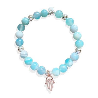 Steff Silver & Blue Agate Bead Ball Bracelets with Rose Gold Hamsa Hand Charm - Steffans Jewellers