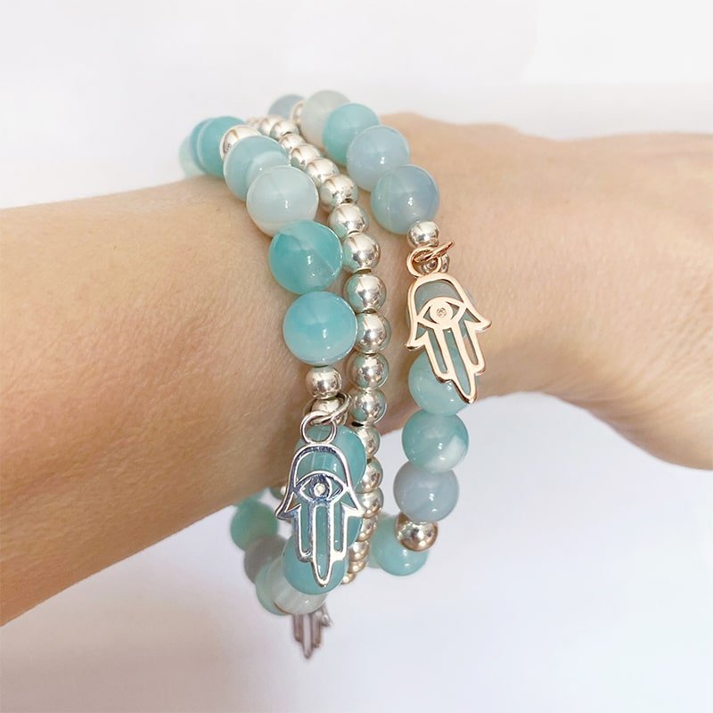 Steff Silver & Blue Agate Bead Ball Bracelets with Rose Gold Hamsa Hand Charm - Steffans Jewellers