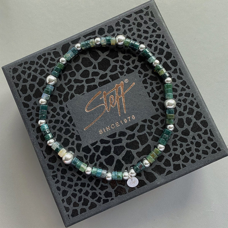 Steff Silver & Green Moss Agate Bead Bracelet - Steffans Jewellers