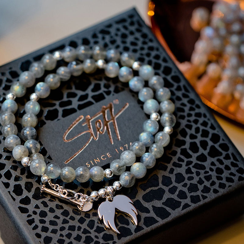 Steff Silver & Labradorite Double Wrap Bracelet With Guardian Angel Wings Charm - Steffans Jewellers