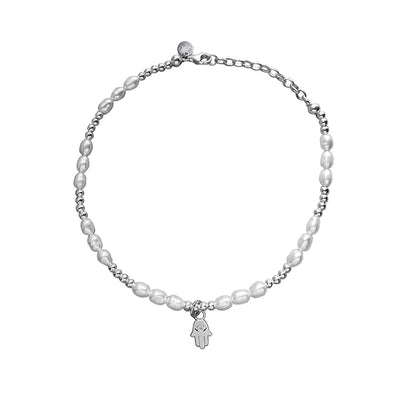 Steff Sterling Silver & Pearl Bead Anklet With Hamsa Hand Charm - Steffans Jewellers