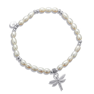 Steff Wildwood Silver & Pearl Bead Bracelet With Dragonfly Charm - Steffans Jewellers