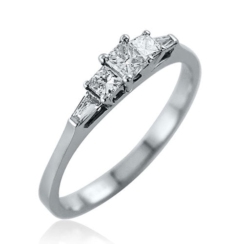 Steffans Princess Cut Diamond Claw Set 3 Stone Platinum Engagement Ring with Tapered Baguette Cut Diamond Shoulders (0.35ct) - Steffans Jewellers