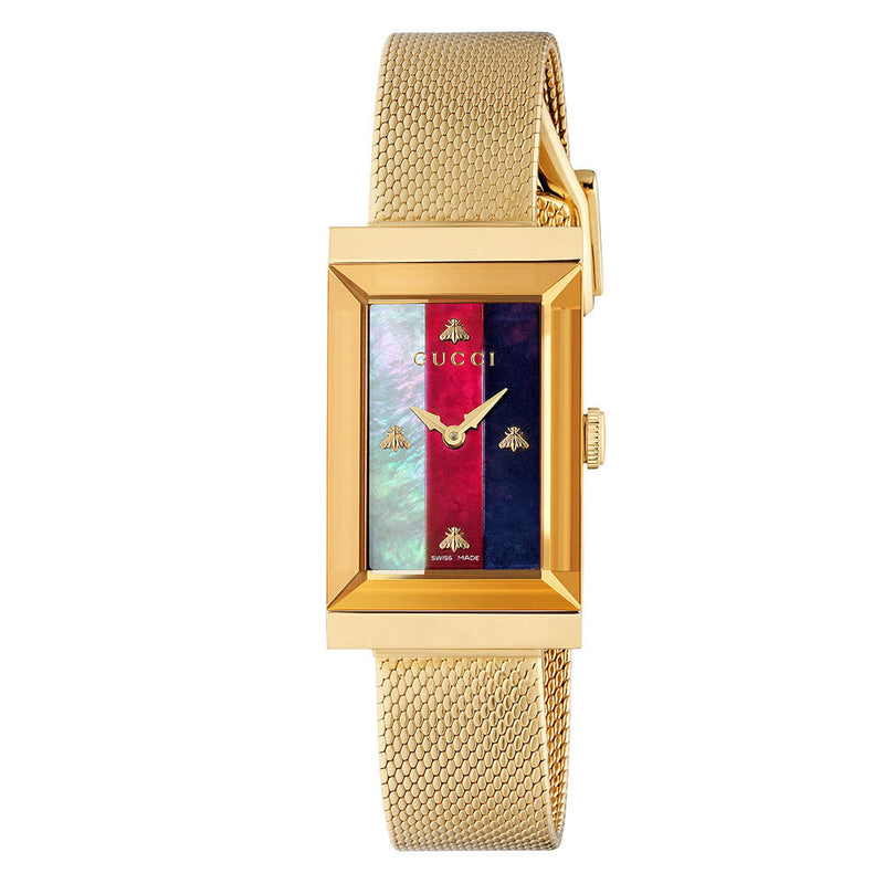 Gucci G-Frame Mesh Striped Dial Gold Ladies Watch